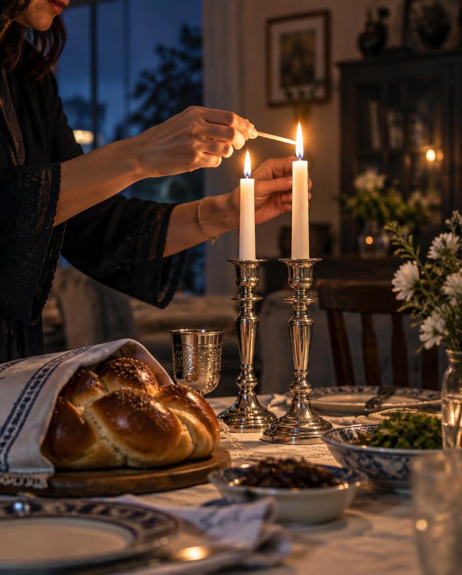 Lighting Shabbat candles beside challah
