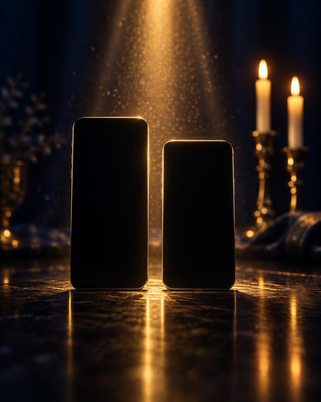 Two mystery phones glowing under a golden spotlight by candlelight