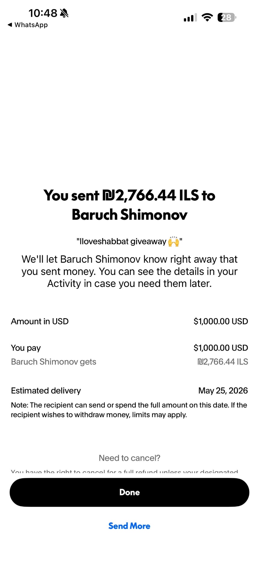 PayPal receipt — Baruch Shimonov, $1,000