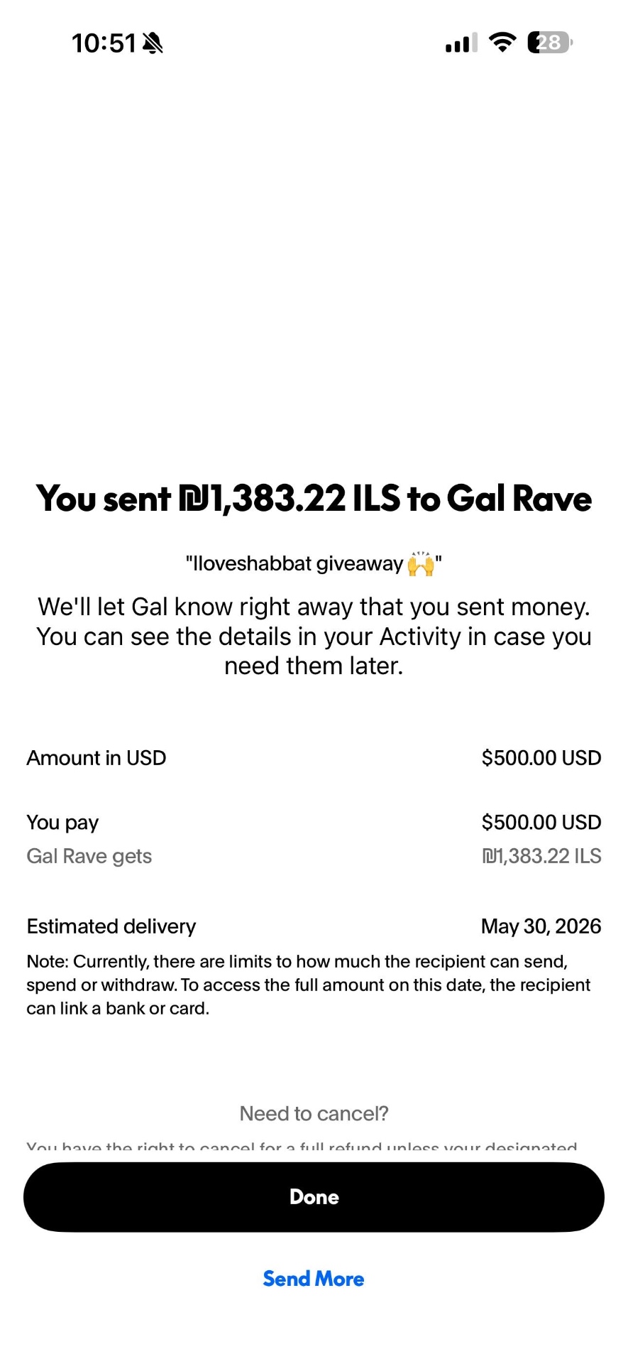 PayPal receipt — Gal Rave, $500