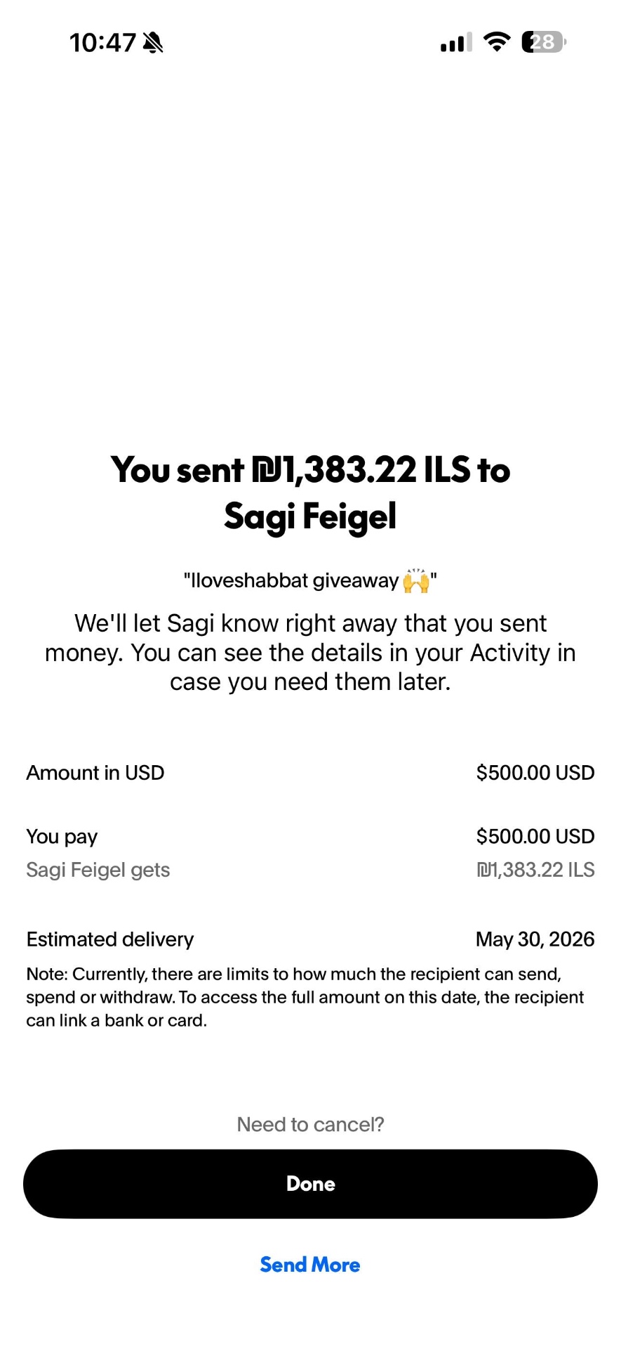 PayPal receipt — Sagi Feigel, $500