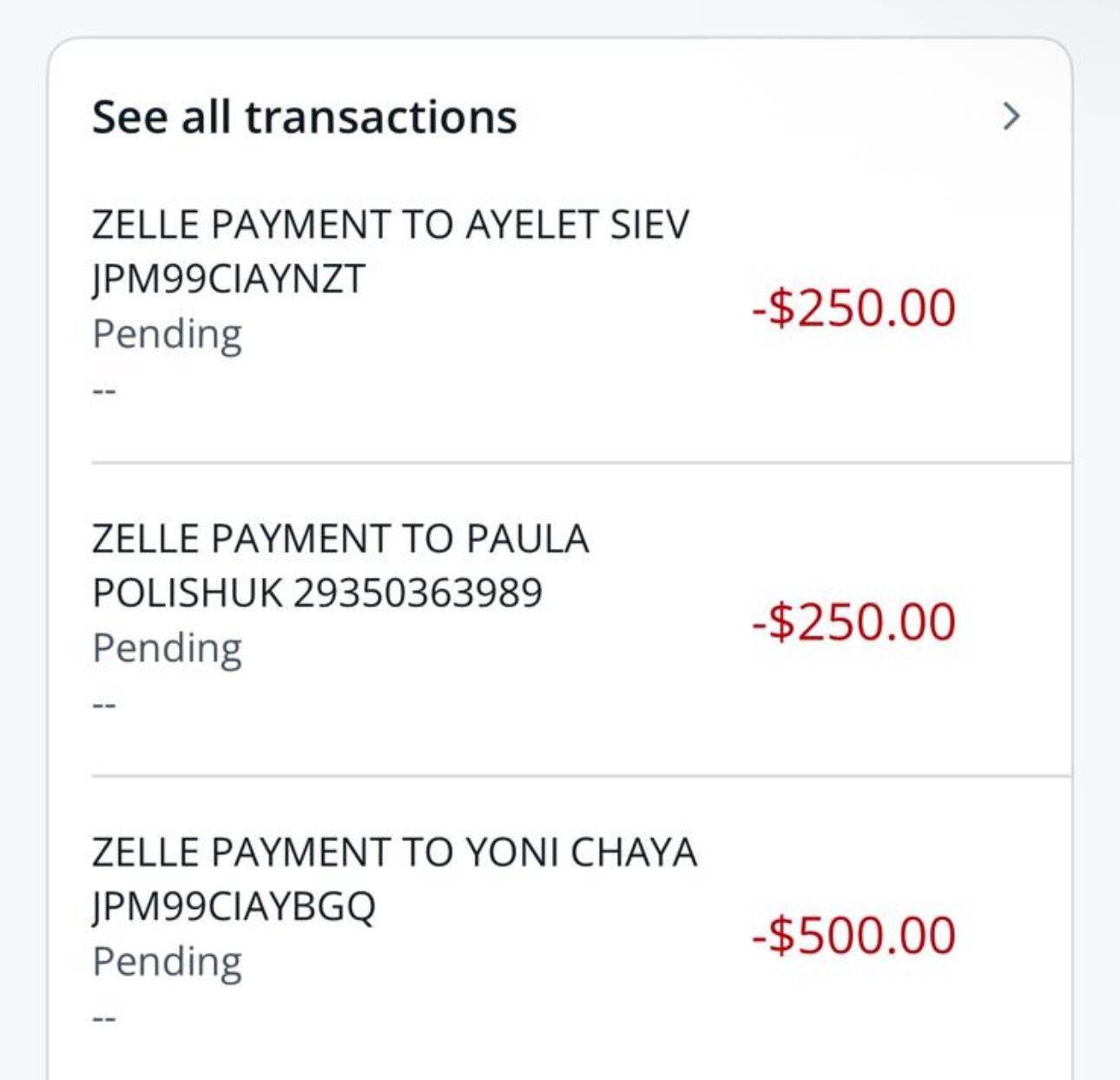 Zelle payments — Yoni Chaya $500, Ayelet Siev $250, Paula Polishuk $250